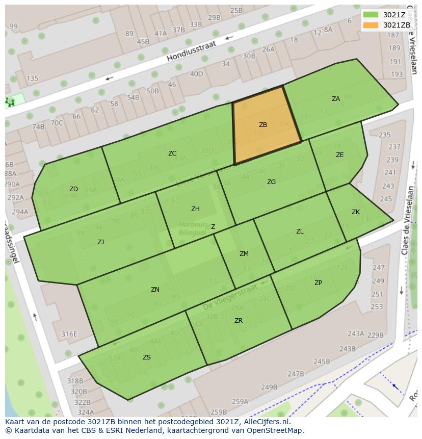 Afbeelding van het postcodegebied 3021 ZB op de kaart.