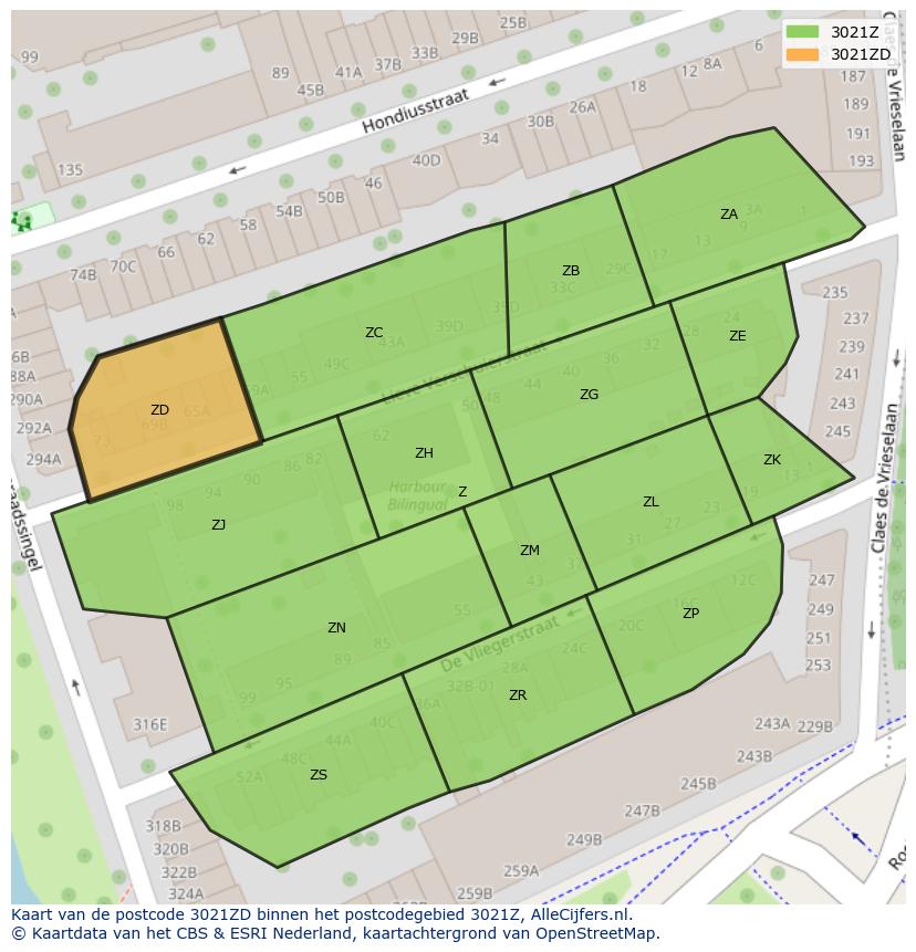Afbeelding van het postcodegebied 3021 ZD op de kaart.