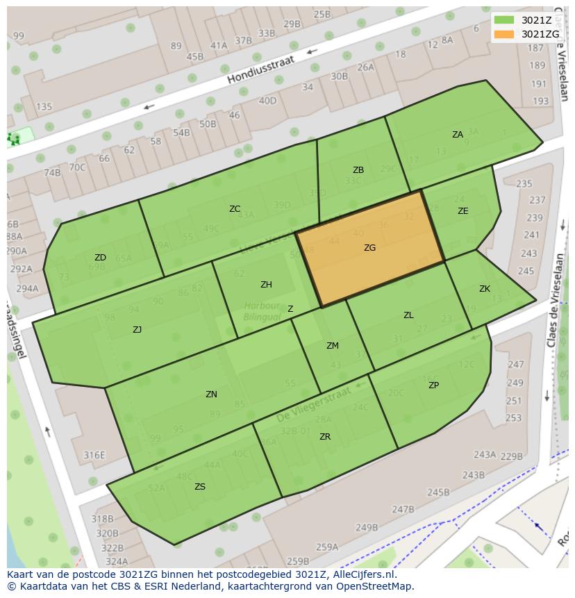 Afbeelding van het postcodegebied 3021 ZG op de kaart.