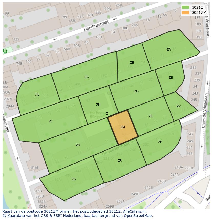 Afbeelding van het postcodegebied 3021 ZM op de kaart.