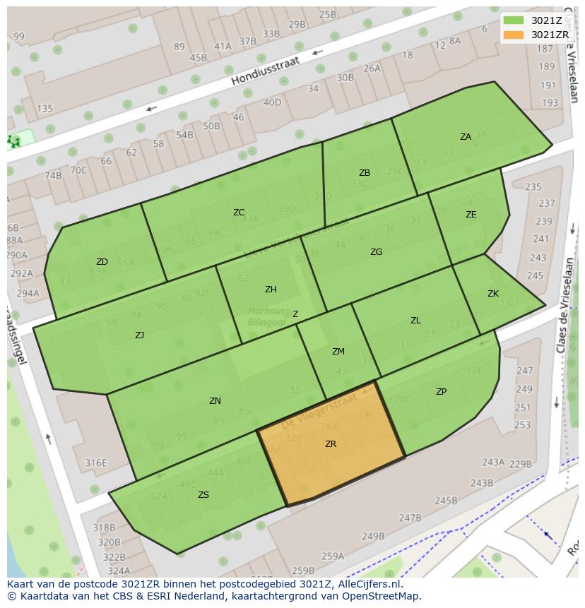 Afbeelding van het postcodegebied 3021 ZR op de kaart.