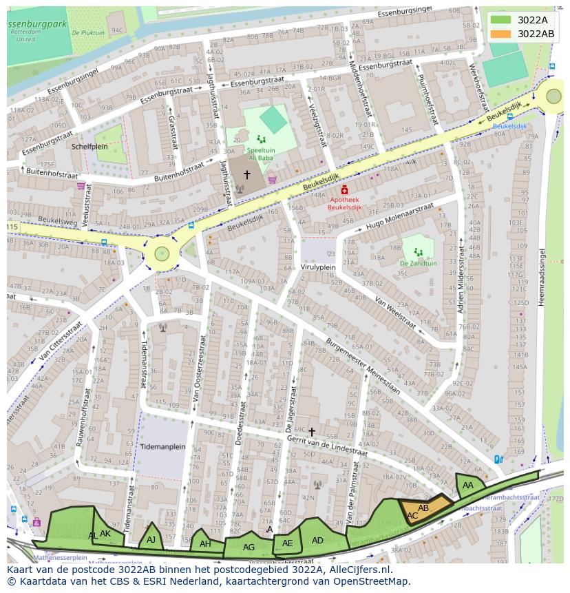 Afbeelding van het postcodegebied 3022 AB op de kaart.