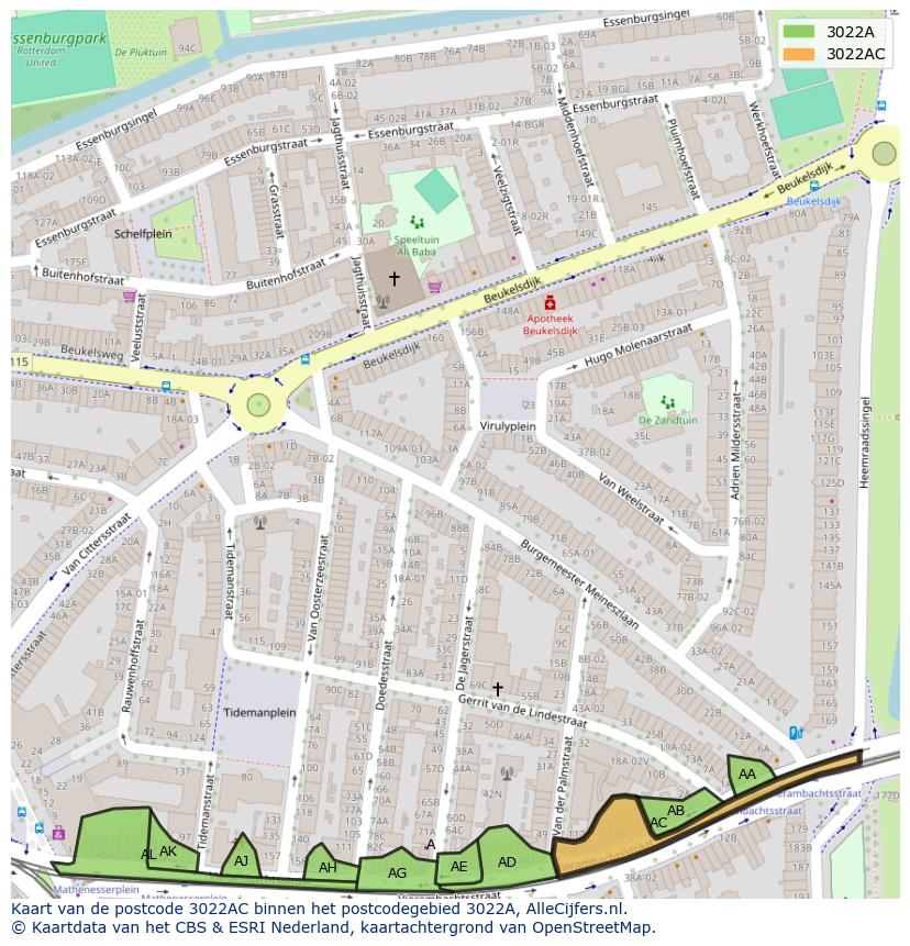 Afbeelding van het postcodegebied 3022 AC op de kaart.