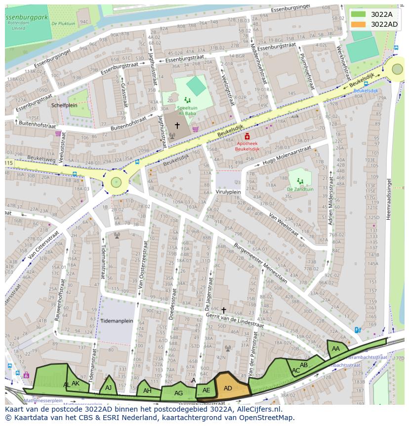Afbeelding van het postcodegebied 3022 AD op de kaart.
