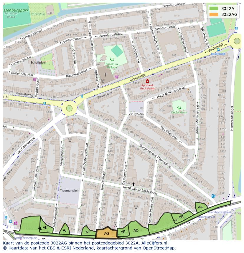 Afbeelding van het postcodegebied 3022 AG op de kaart.