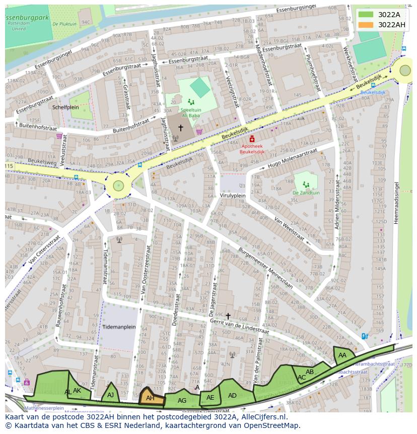 Afbeelding van het postcodegebied 3022 AH op de kaart.