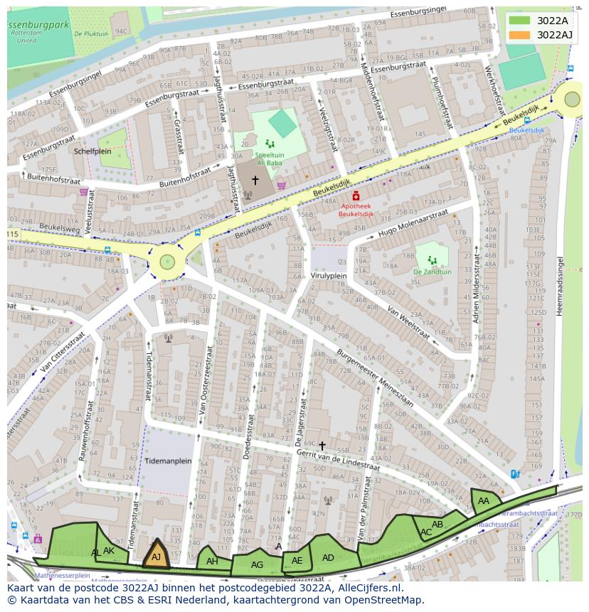 Afbeelding van het postcodegebied 3022 AJ op de kaart.