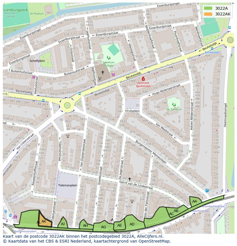 Afbeelding van het postcodegebied 3022 AK op de kaart.