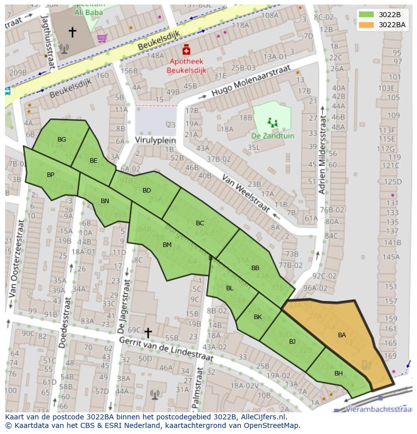 Afbeelding van het postcodegebied 3022 BA op de kaart.