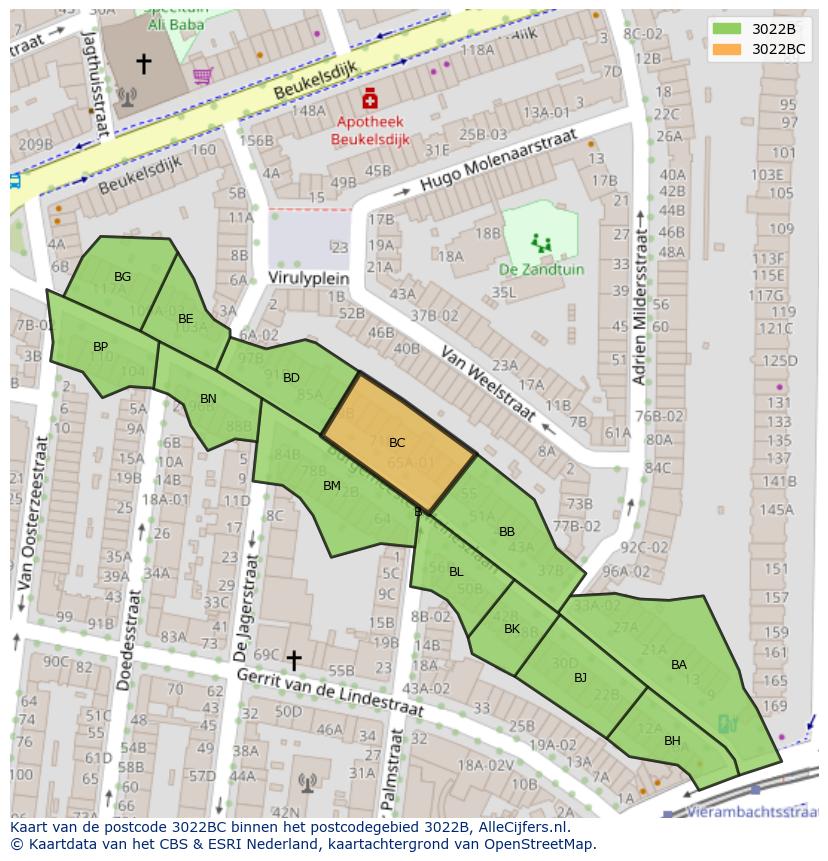 Afbeelding van het postcodegebied 3022 BC op de kaart.