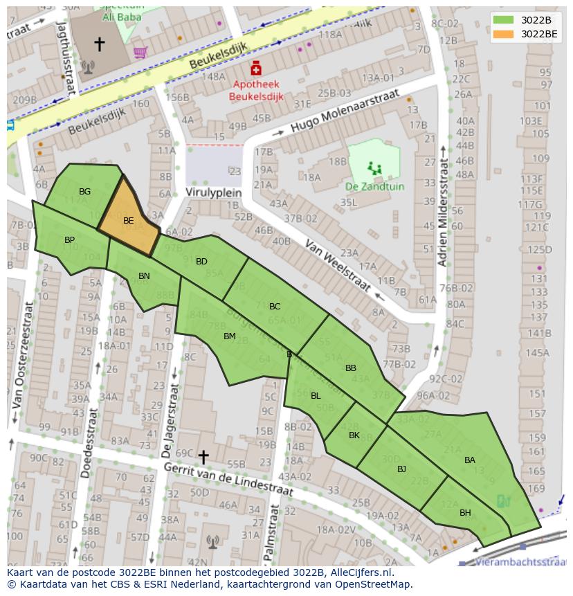 Afbeelding van het postcodegebied 3022 BE op de kaart.