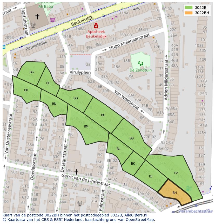Afbeelding van het postcodegebied 3022 BH op de kaart.