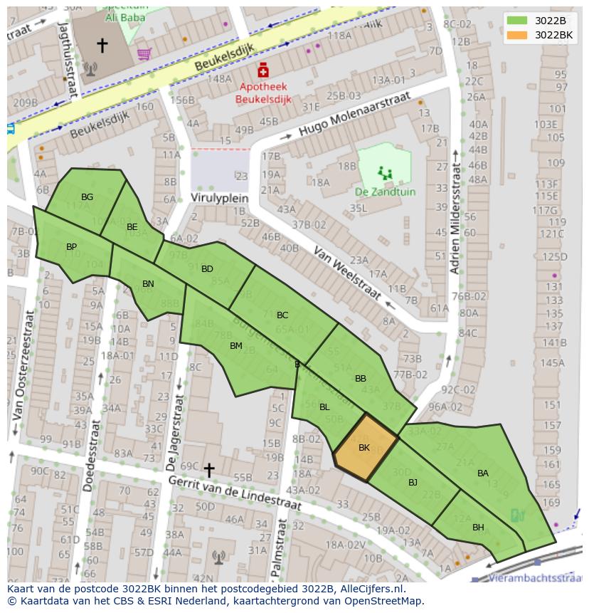Afbeelding van het postcodegebied 3022 BK op de kaart.