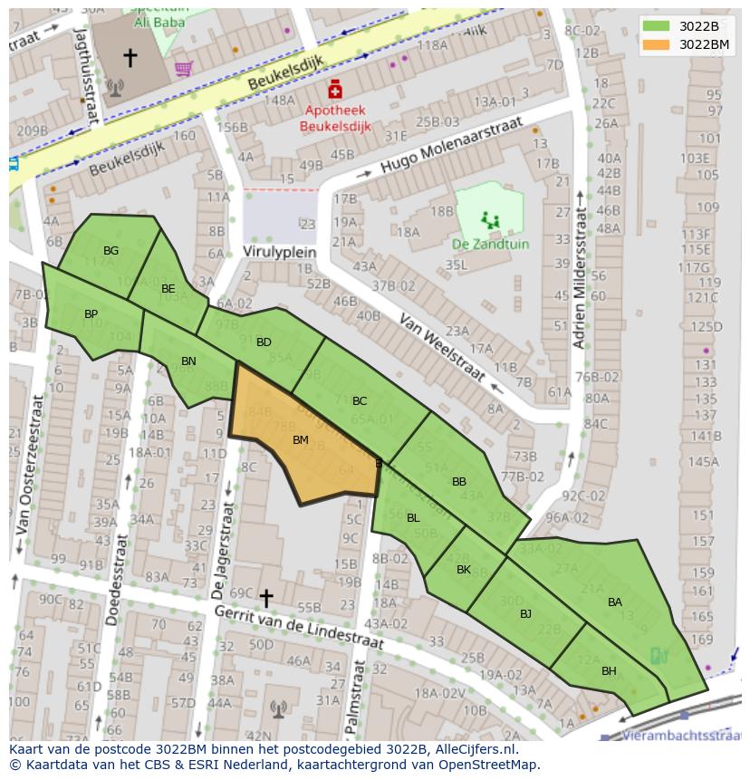 Afbeelding van het postcodegebied 3022 BM op de kaart.