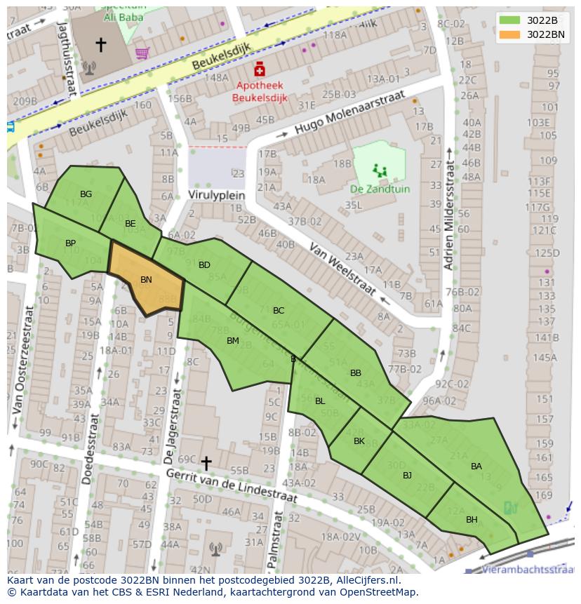 Afbeelding van het postcodegebied 3022 BN op de kaart.
