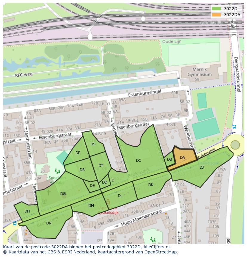 Afbeelding van het postcodegebied 3022 DA op de kaart.