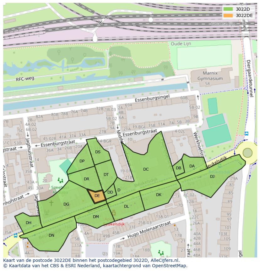 Afbeelding van het postcodegebied 3022 DE op de kaart.