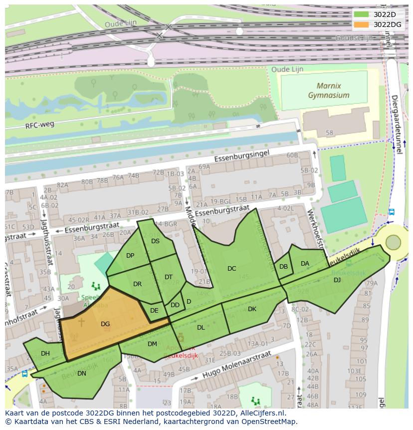 Afbeelding van het postcodegebied 3022 DG op de kaart.