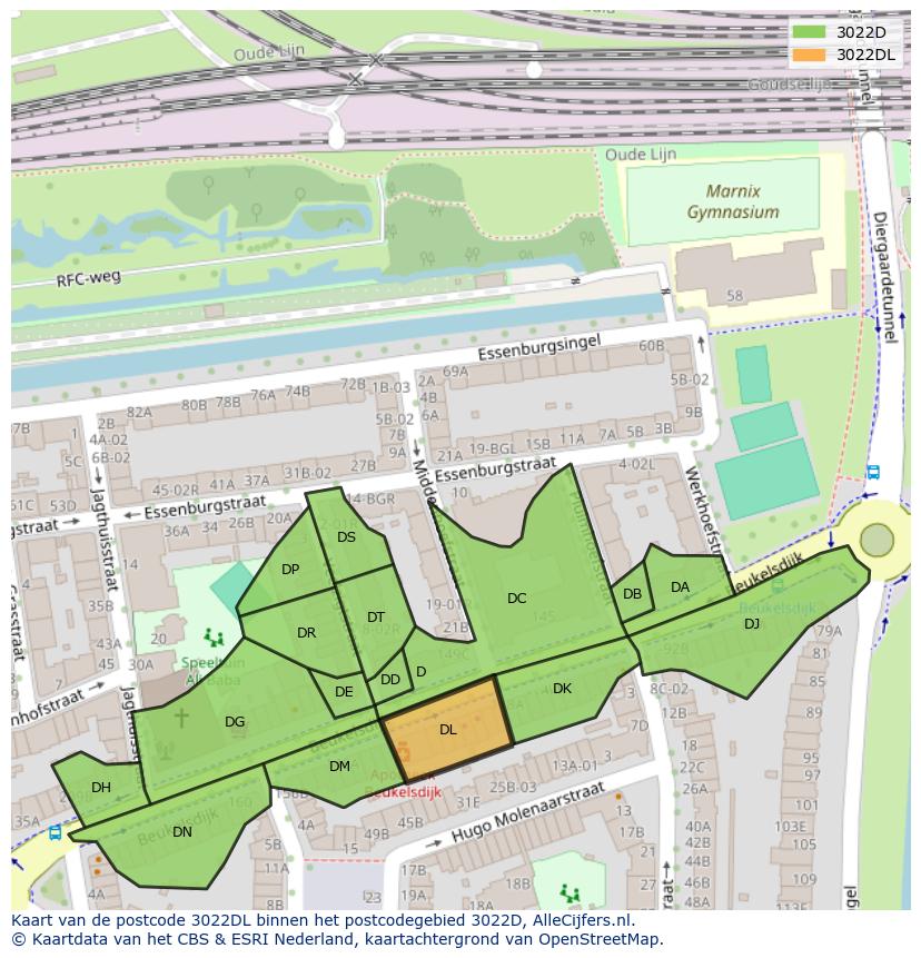 Afbeelding van het postcodegebied 3022 DL op de kaart.