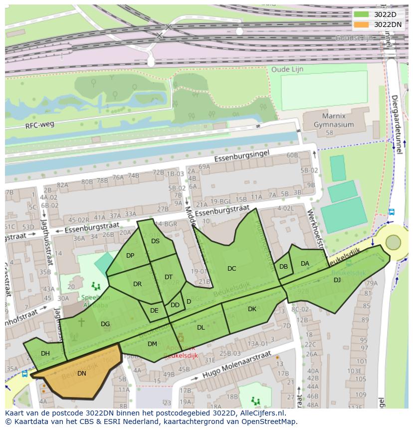 Afbeelding van het postcodegebied 3022 DN op de kaart.