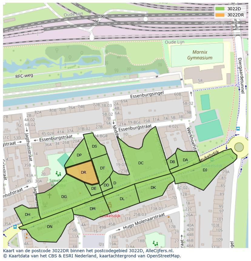 Afbeelding van het postcodegebied 3022 DR op de kaart.