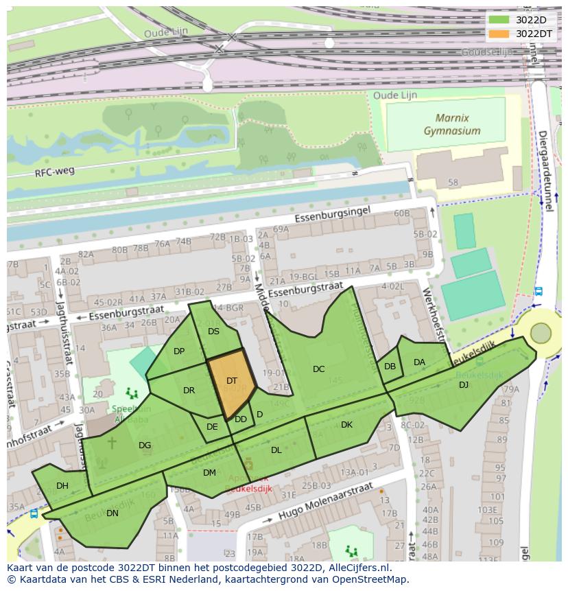 Afbeelding van het postcodegebied 3022 DT op de kaart.