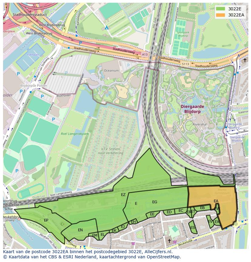 Afbeelding van het postcodegebied 3022 EA op de kaart.