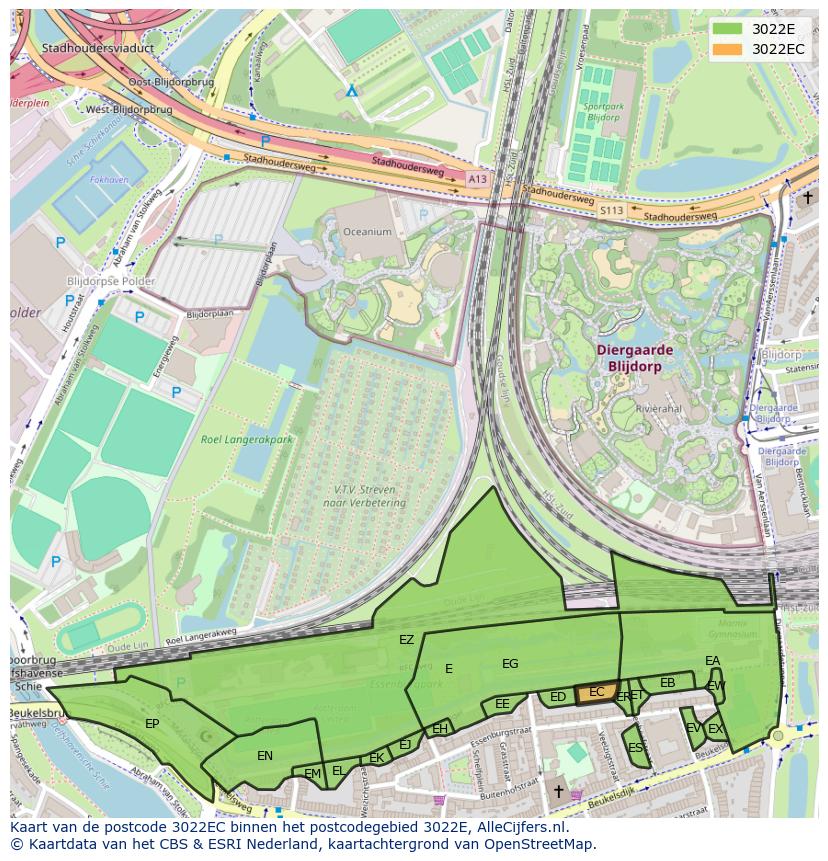 Afbeelding van het postcodegebied 3022 EC op de kaart.