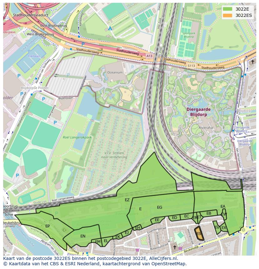 Afbeelding van het postcodegebied 3022 ES op de kaart.
