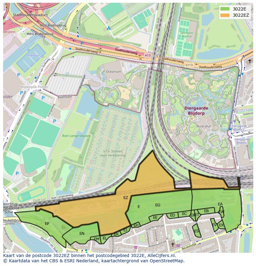Afbeelding van het postcodegebied 3022 EZ op de kaart.