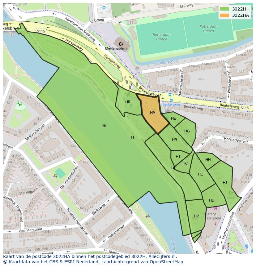 Afbeelding van het postcodegebied 3022 HA op de kaart.