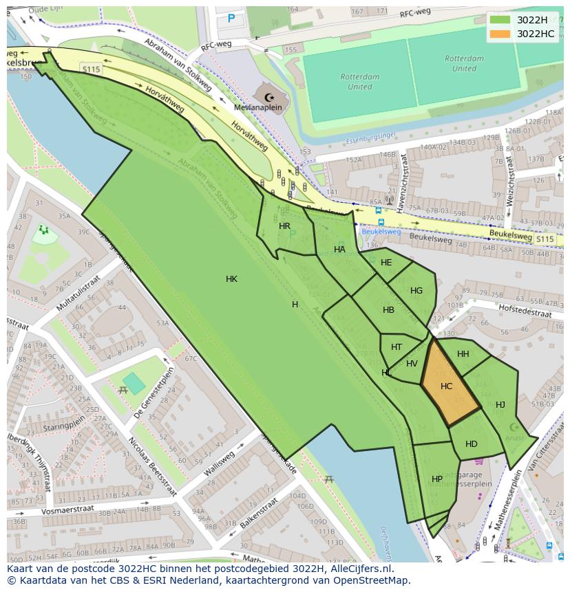 Afbeelding van het postcodegebied 3022 HC op de kaart.