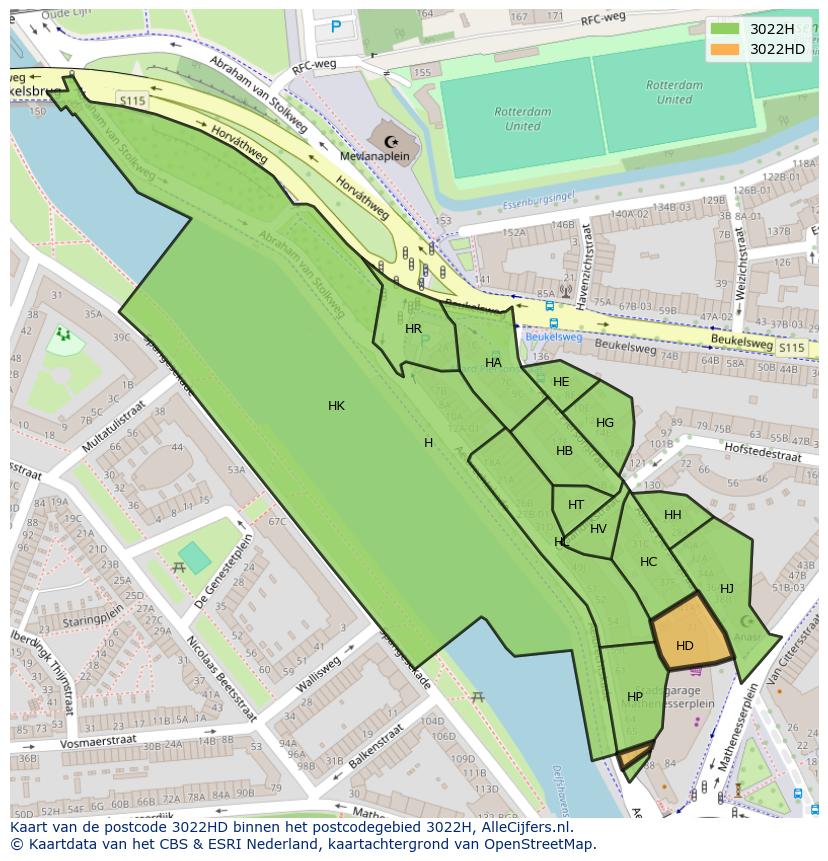 Afbeelding van het postcodegebied 3022 HD op de kaart.
