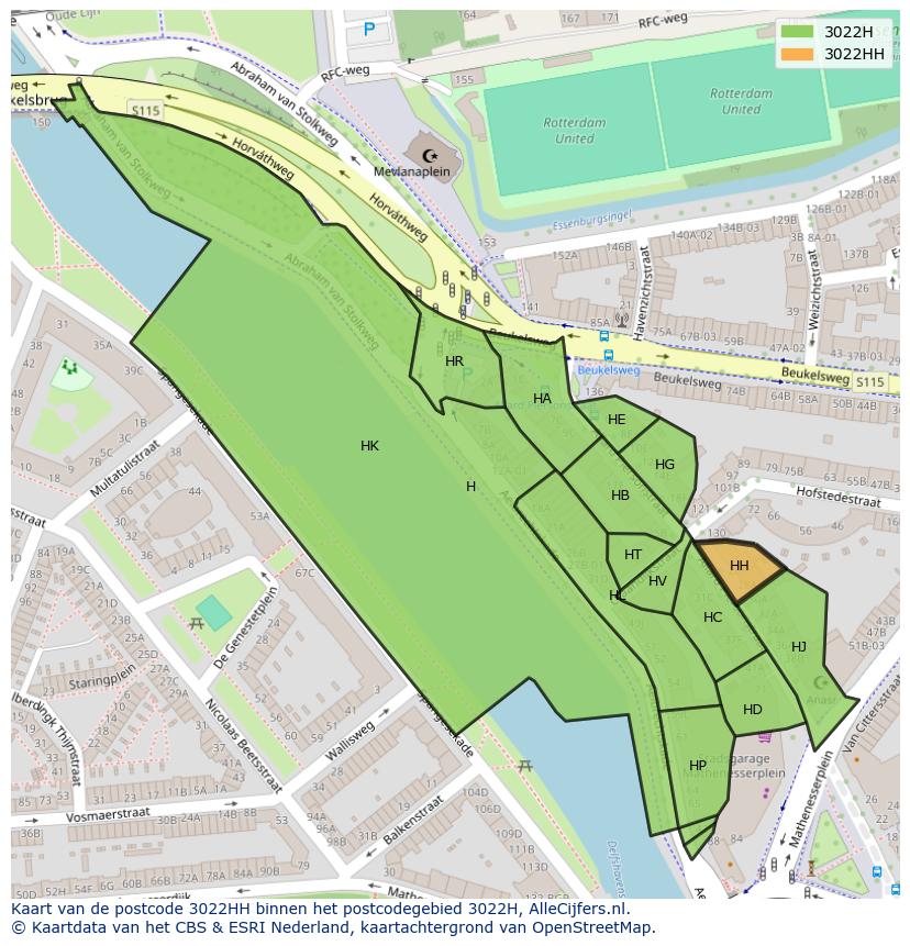Afbeelding van het postcodegebied 3022 HH op de kaart.