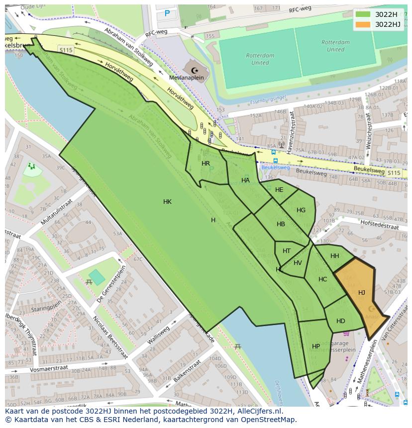 Afbeelding van het postcodegebied 3022 HJ op de kaart.