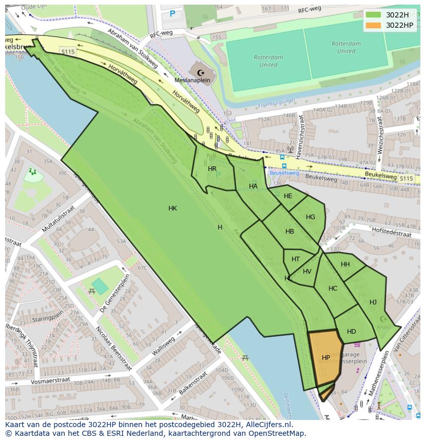 Afbeelding van het postcodegebied 3022 HP op de kaart.