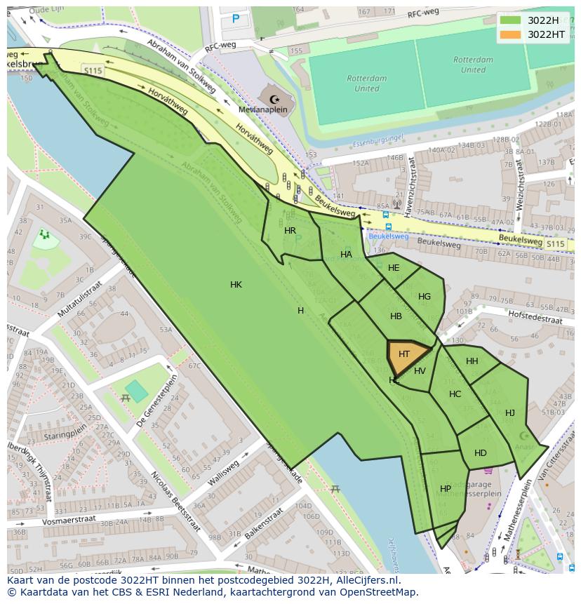 Afbeelding van het postcodegebied 3022 HT op de kaart.