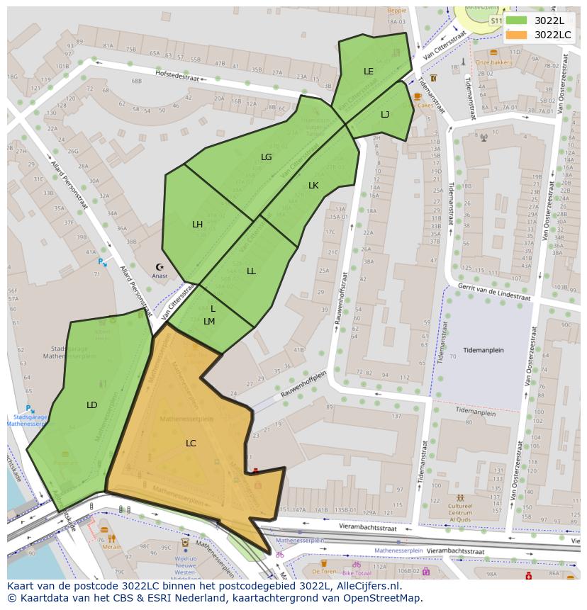 Afbeelding van het postcodegebied 3022 LC op de kaart.