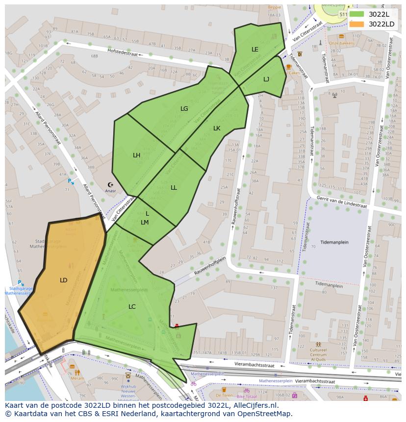 Afbeelding van het postcodegebied 3022 LD op de kaart.