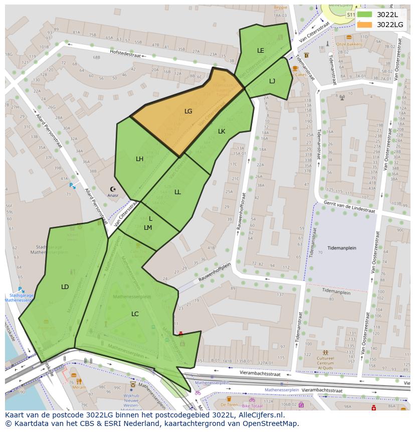 Afbeelding van het postcodegebied 3022 LG op de kaart.