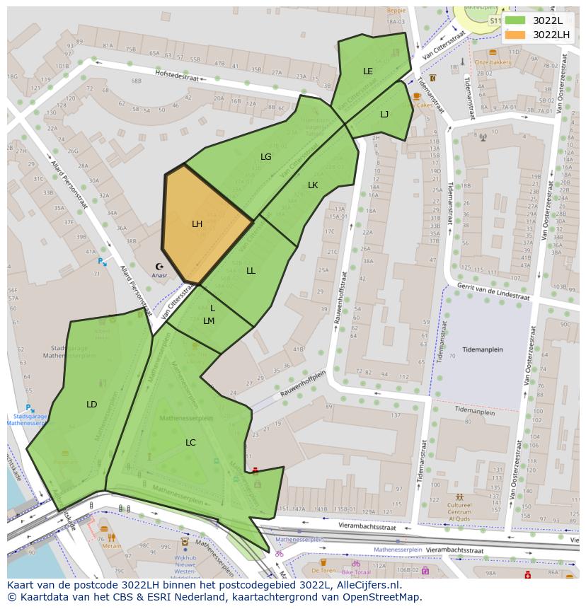 Afbeelding van het postcodegebied 3022 LH op de kaart.