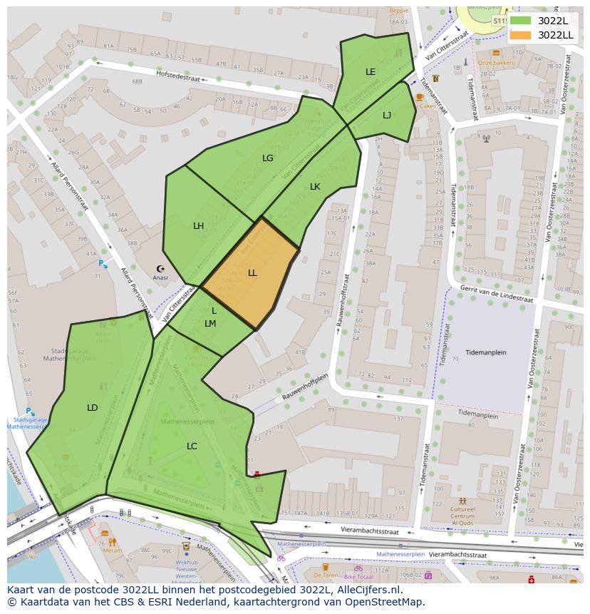 Afbeelding van het postcodegebied 3022 LL op de kaart.
