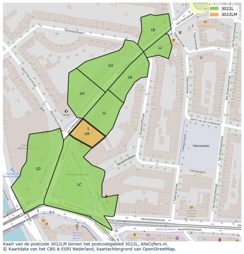 Afbeelding van het postcodegebied 3022 LM op de kaart.