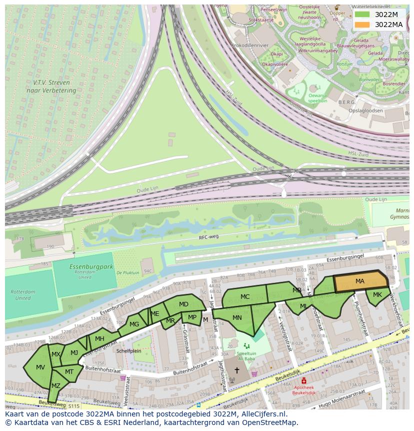 Afbeelding van het postcodegebied 3022 MA op de kaart.
