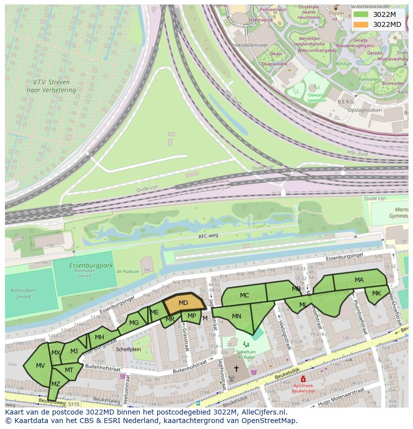 Afbeelding van het postcodegebied 3022 MD op de kaart.