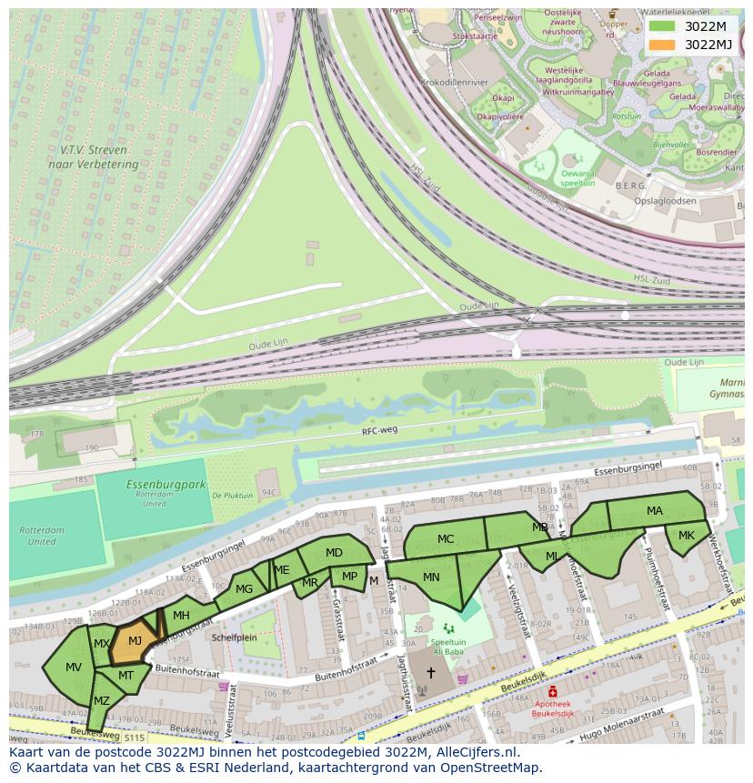 Afbeelding van het postcodegebied 3022 MJ op de kaart.
