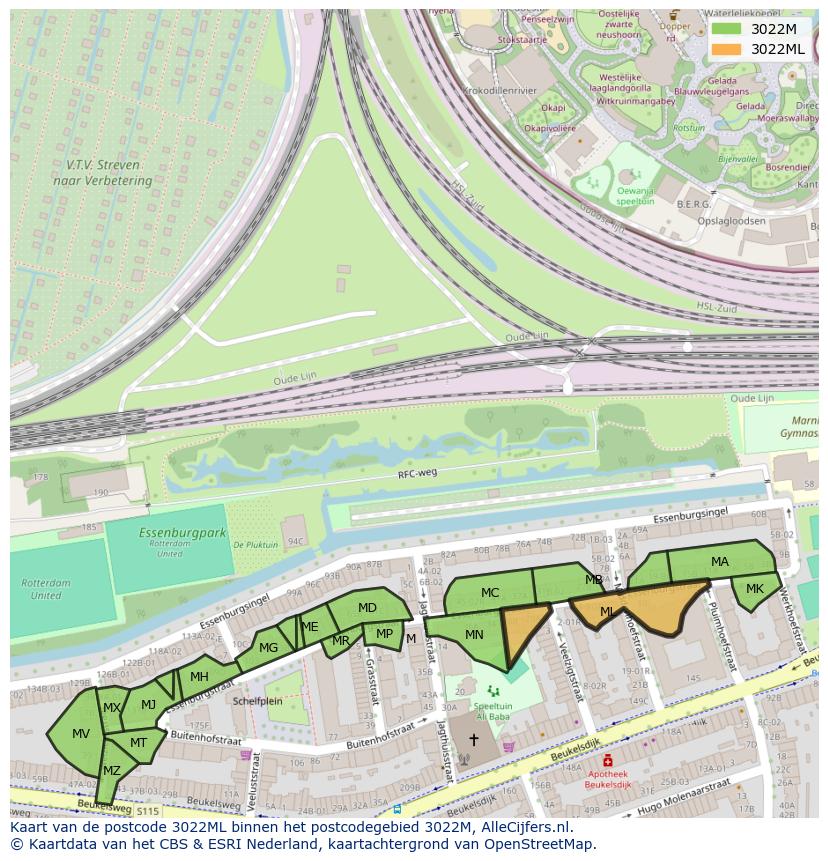 Afbeelding van het postcodegebied 3022 ML op de kaart.