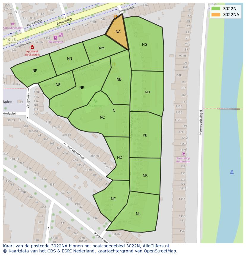 Afbeelding van het postcodegebied 3022 NA op de kaart.