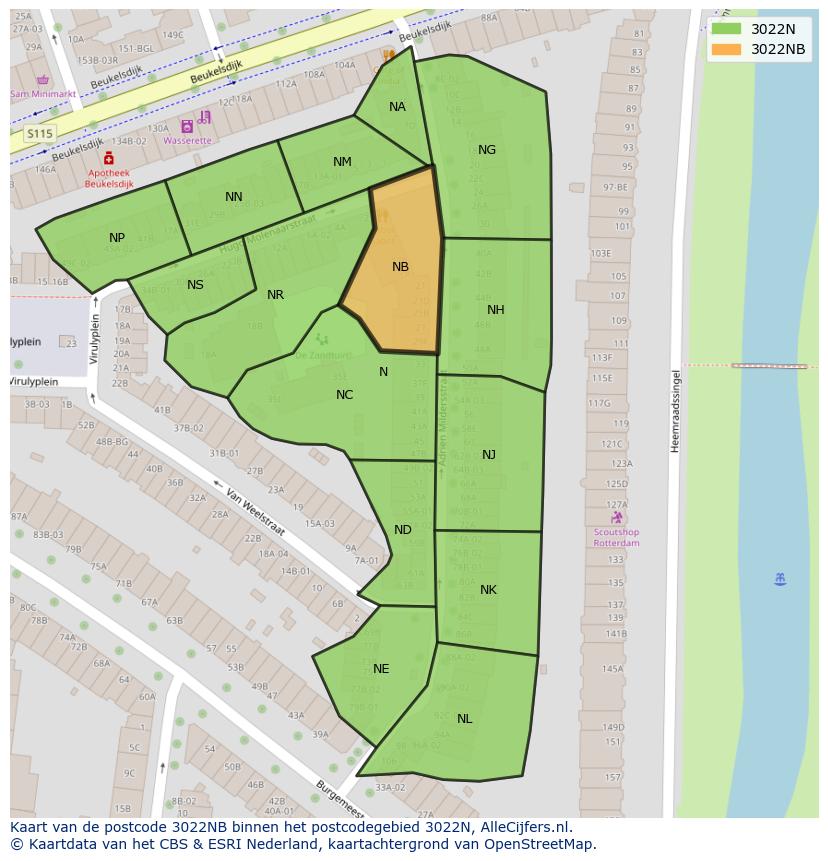 Afbeelding van het postcodegebied 3022 NB op de kaart.