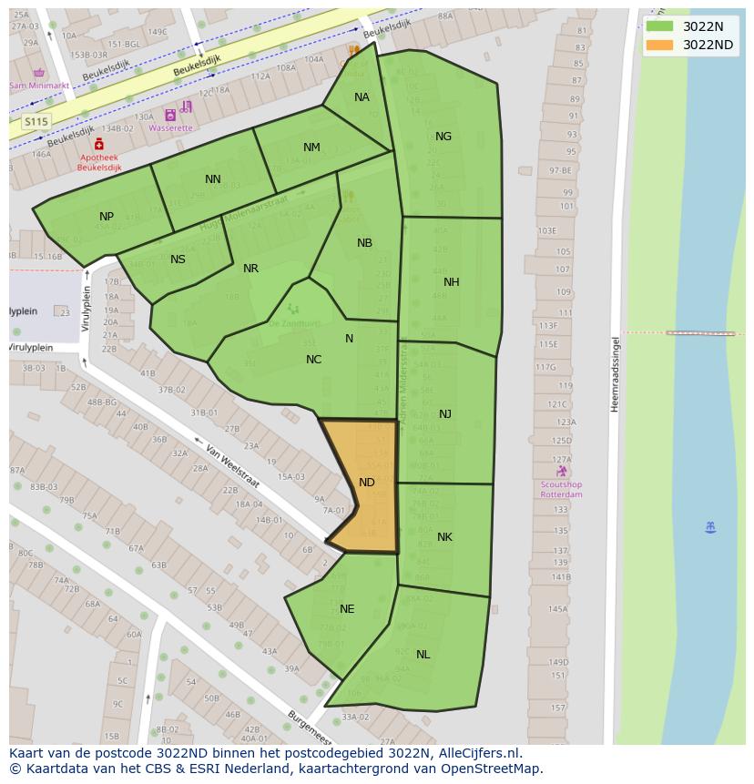 Afbeelding van het postcodegebied 3022 ND op de kaart.